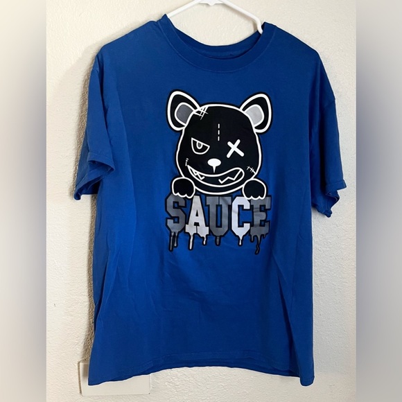 Large Sauce Dripping Bear Screen Printed Blue T-Shirt Graphic Tee Fashion EUC - Picture 1 of 3